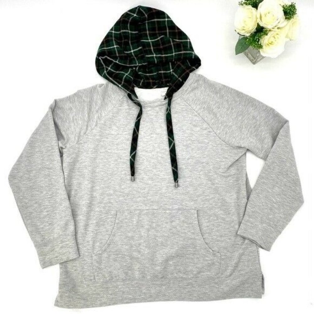 Maurices Gray Hoodie, Green Plaid Hood XL, Soft, Comfy Christmas Loungewear EUC